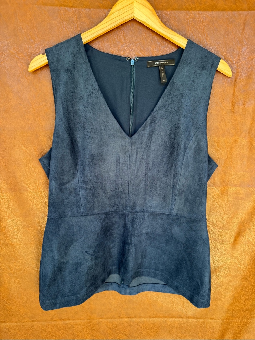 BCBGMAXAZRIA Faux Suede Peplum Top Medium Blue